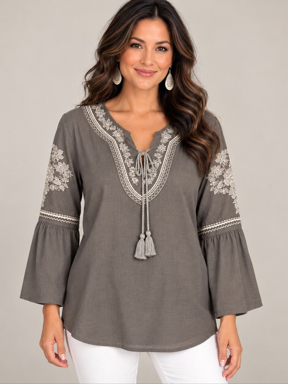 Talori Embroidered Cotton Boho Tunic Top Gray Large NWT A315